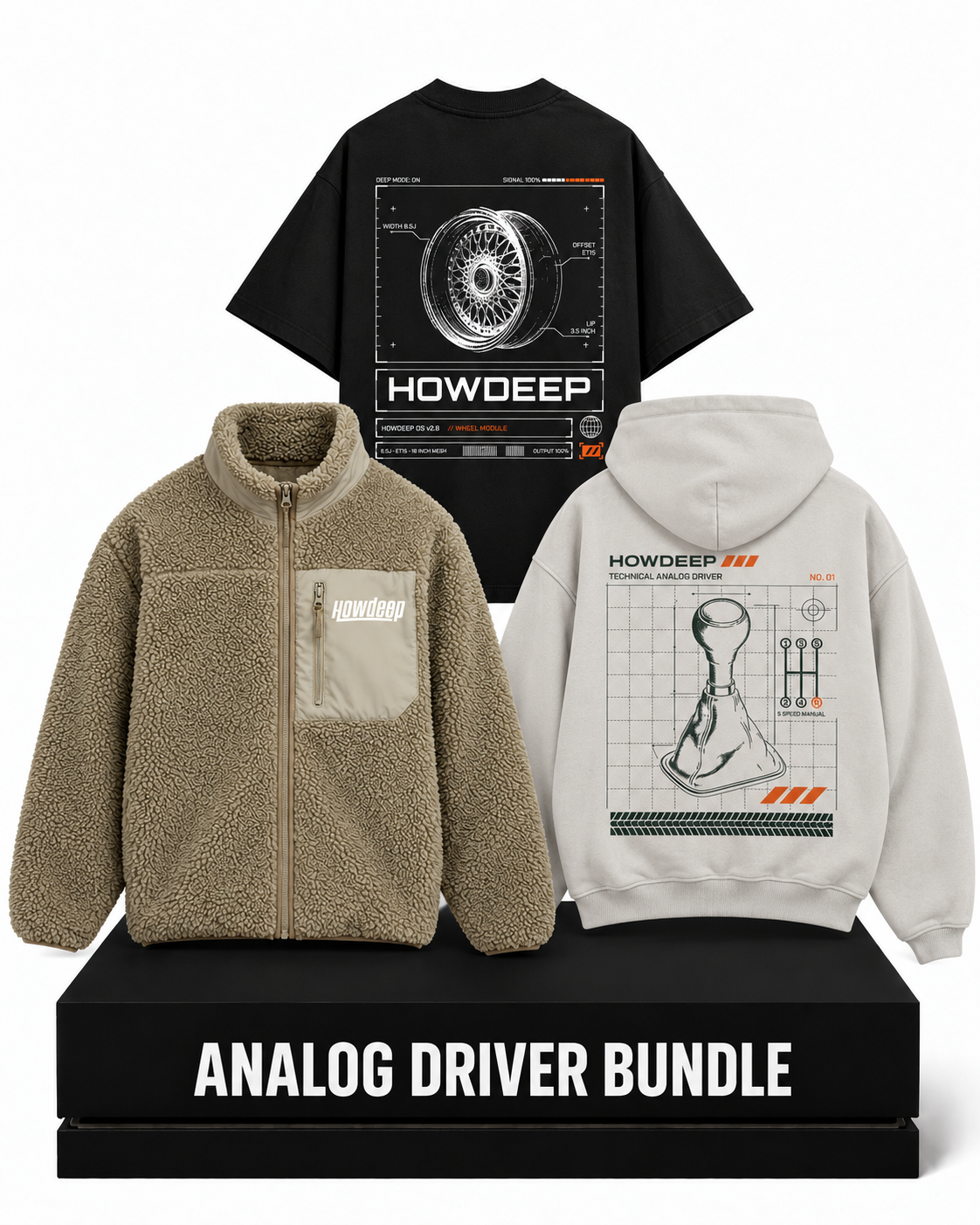 HOWDEEP ANALOG DRIVER Bundle – Hoodie, T-Shirt und Fleece-Jacke im Set