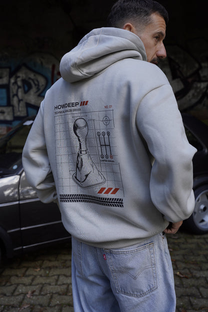 HOWDEEP MANUELL SHIFTER Hoodie Light Asphalt getragen – Backprint