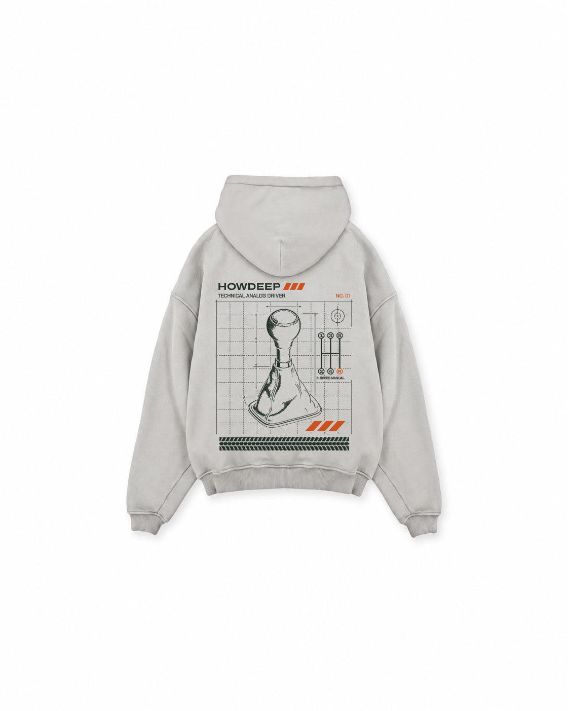 HOWDEEP MANUELL SHIFTER Hoodie Light Asphalt – Schaltknauf-Backprint, Teil des Analog Driver Bundles
