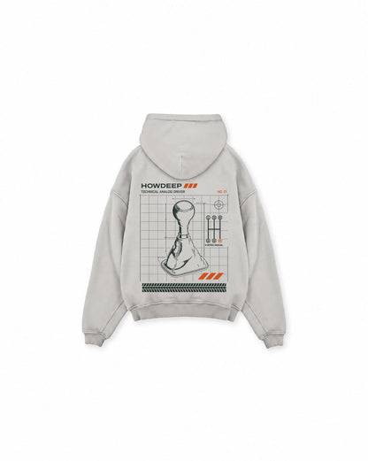 HOWDEEP MANUELL SHIFTER Hoodie Light Asphalt – Schaltknauf-Backprint, Teil des Analog Driver Bundles