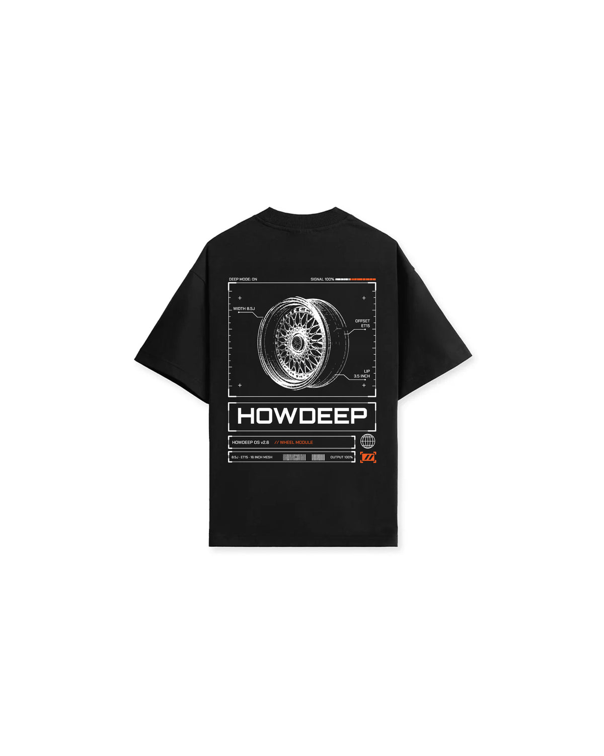 HOWDEEP OFFSET T-Shirt Black – Rückseite mit Mesh-Felgen-Wireframe-Print